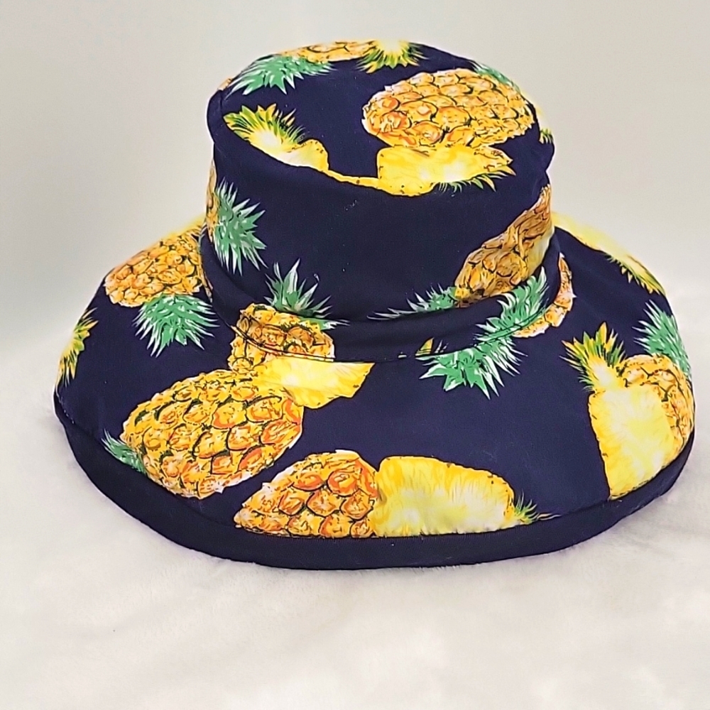 Pineapple Reversible Bucket Hat Navy with Yellow Orange and Green 100% Cotton - Picture 1 of 10